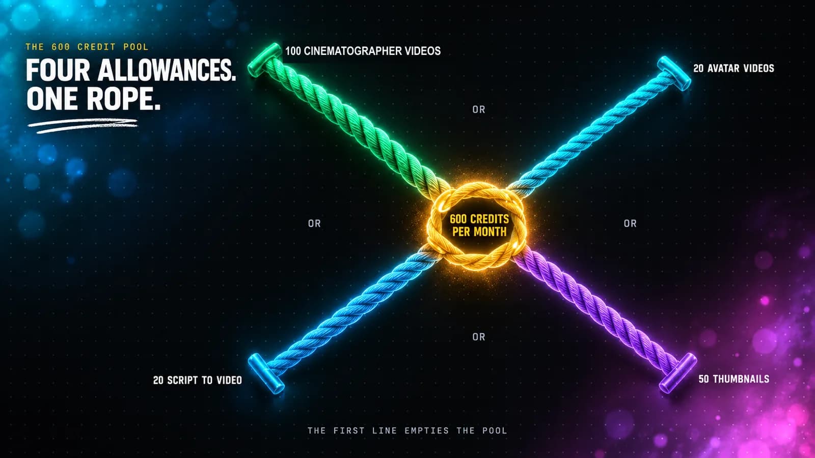 A tug of war with one glowing amber rope labelled 600 CREDITS PER MONTH being pulled in four directions at once by four neon teams in emerald, cyan, azure and violet, labelled 100 Cinematographer Videos, 20 Avatar Videos, 20 Script To Video and 50 Thumbnails, with a small grey OR marked between each pair of teams instead of a PLUS.