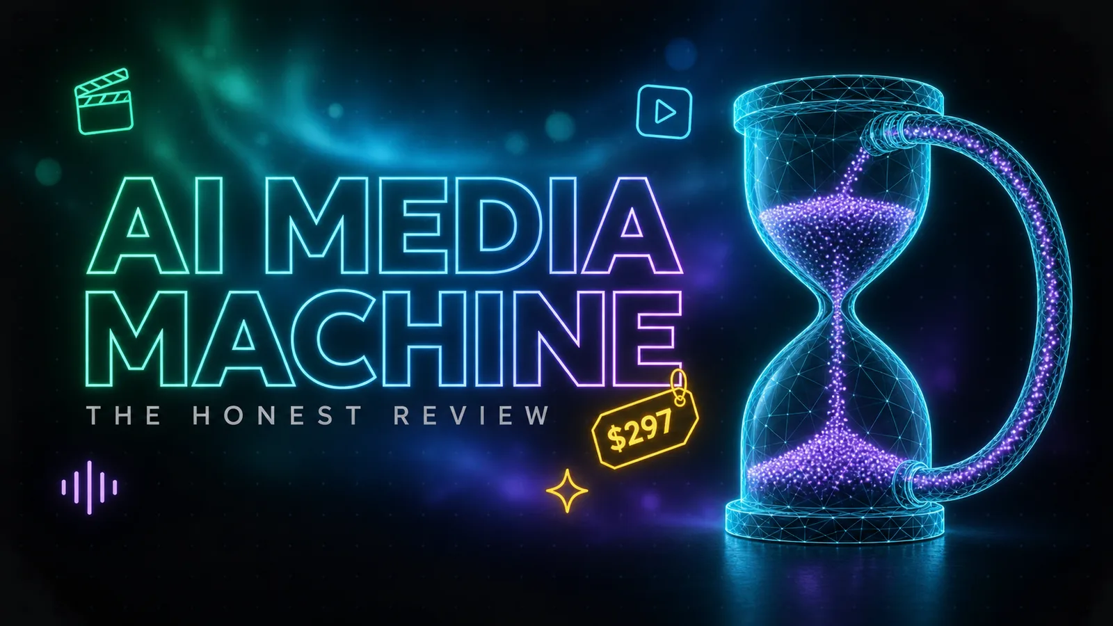 A glowing neon outline wordmark reading AI Media Machine with the label The Honest Review beneath it in grey capitals, an amber neon price tag reading $297 hanging from the type on a string loop, and a cyan low poly wireframe hourglass in the lower right whose falling sand loops back up to the top through a curved pipe.
