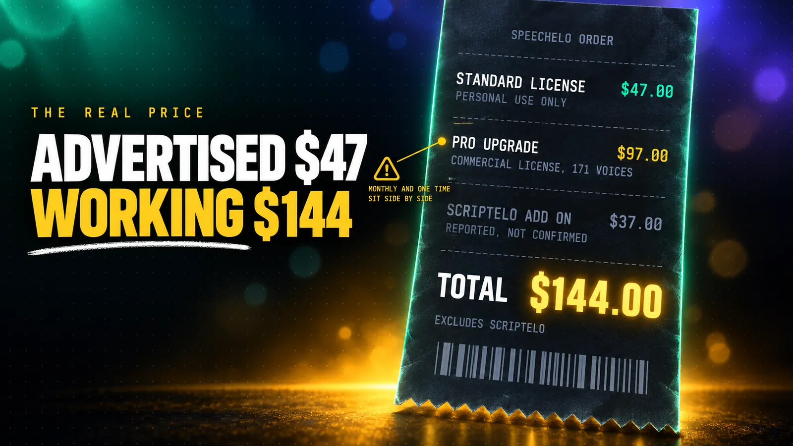 Speechelo pricing ladder infographic showing the $47 standard tier, the Pro upgrade at $37 monthly or $97 one time carrying the commercial license, and a reported $37 Scriptelo add-on, totalling $144 for a creator who needs commercial rights.