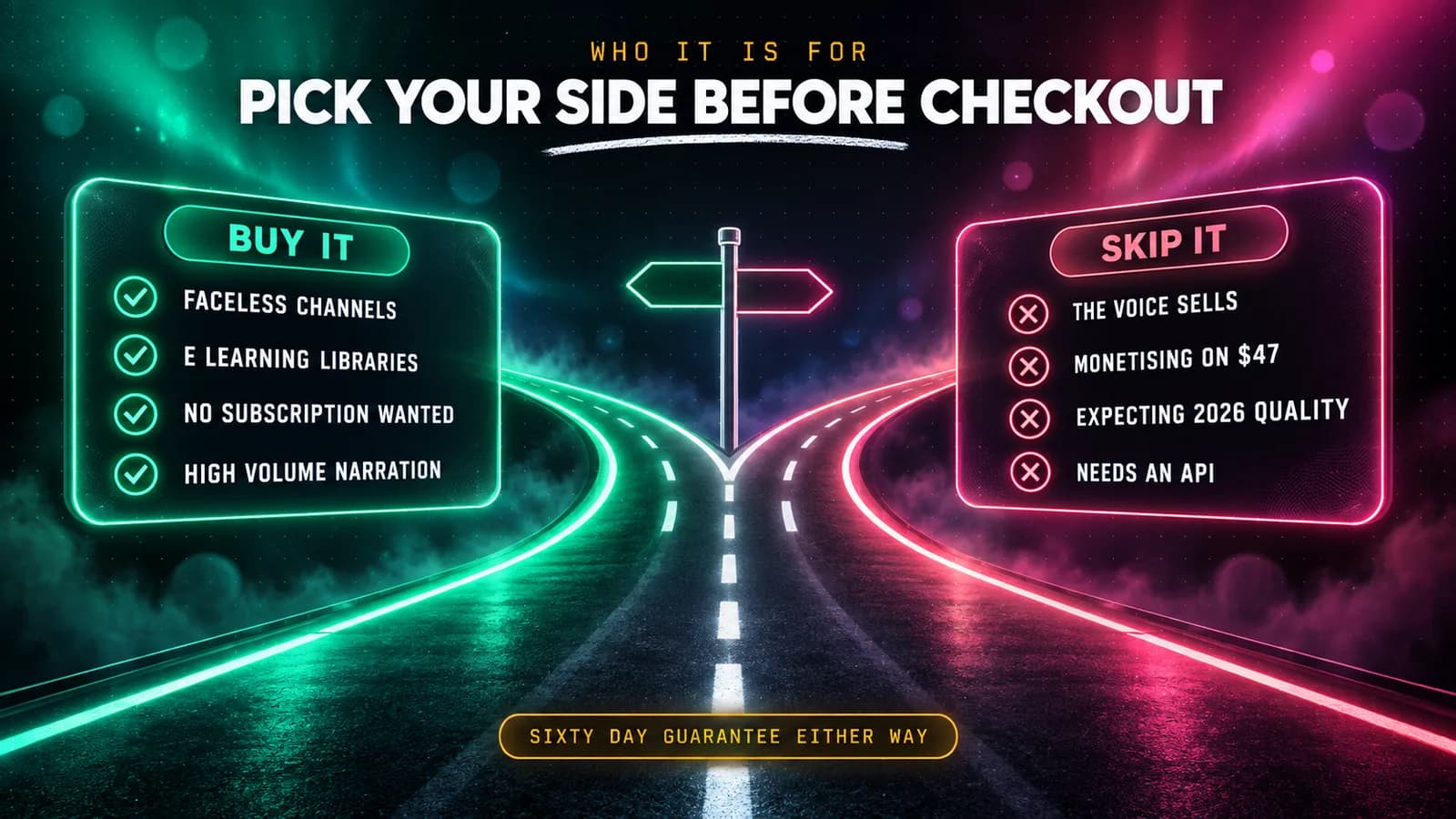 Two-column infographic sorting who should buy Speechelo, faceless channel producers, e-learning creators, subscription avoiders and high-volume narrators, against who should skip it, anyone selling with the voice, buyers expecting commercial rights at $47, and anyone needing an API.