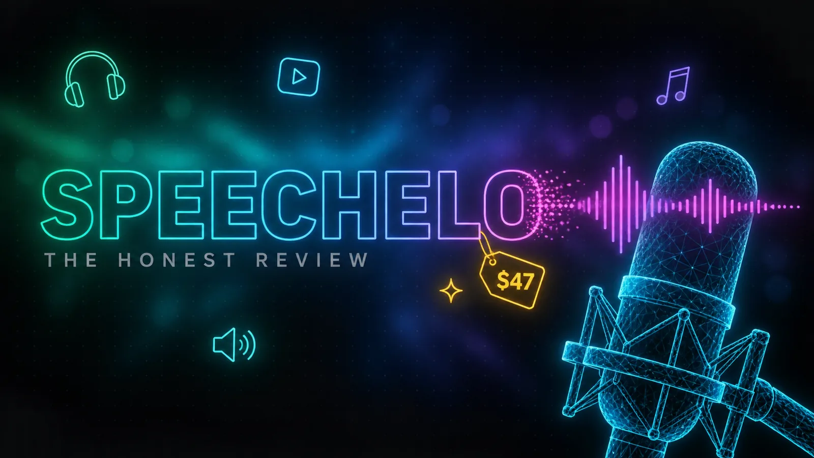 A glowing neon outline wordmark reading Speechelo, its final letters breaking apart into particles that reform as an audio waveform sweeping to the right, with the label The Honest Review beneath it, an amber $47 price tag hanging from the type, and a cyan low-poly wireframe microphone in the lower right.