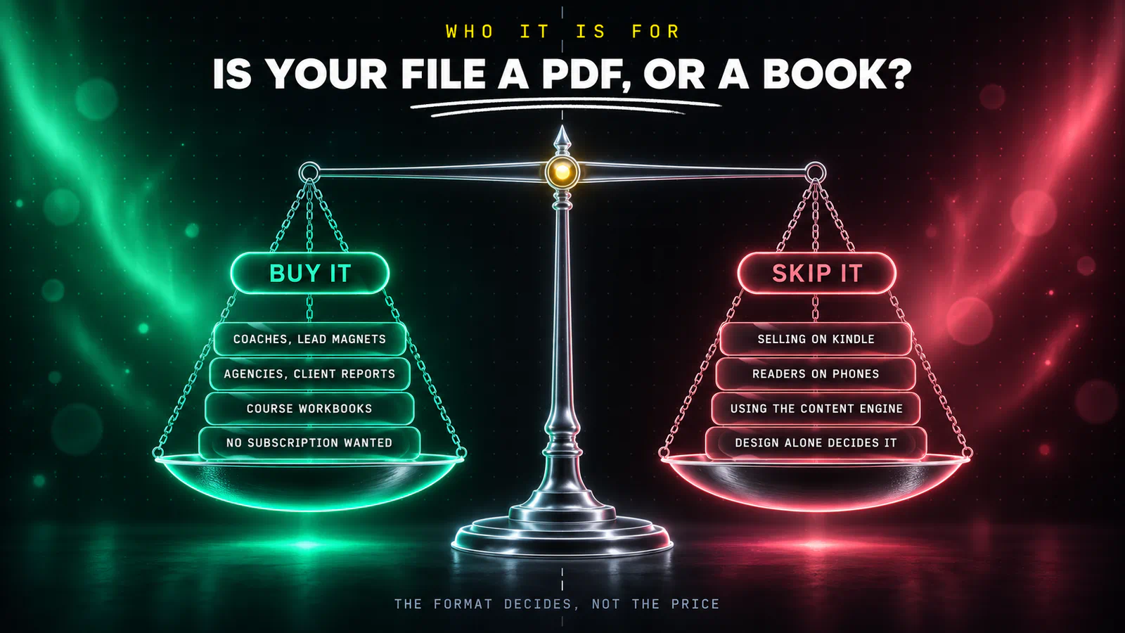 Balance scale infographic weighing the Sqribble buy case against the skip case, with coaches shipping lead magnets, agencies producing client reports, course creators making workbooks and subscription avoiders tipping the emerald pan, against authors selling on Kindle, readers on phones and e-readers, and content engine users tipping the coral pan.