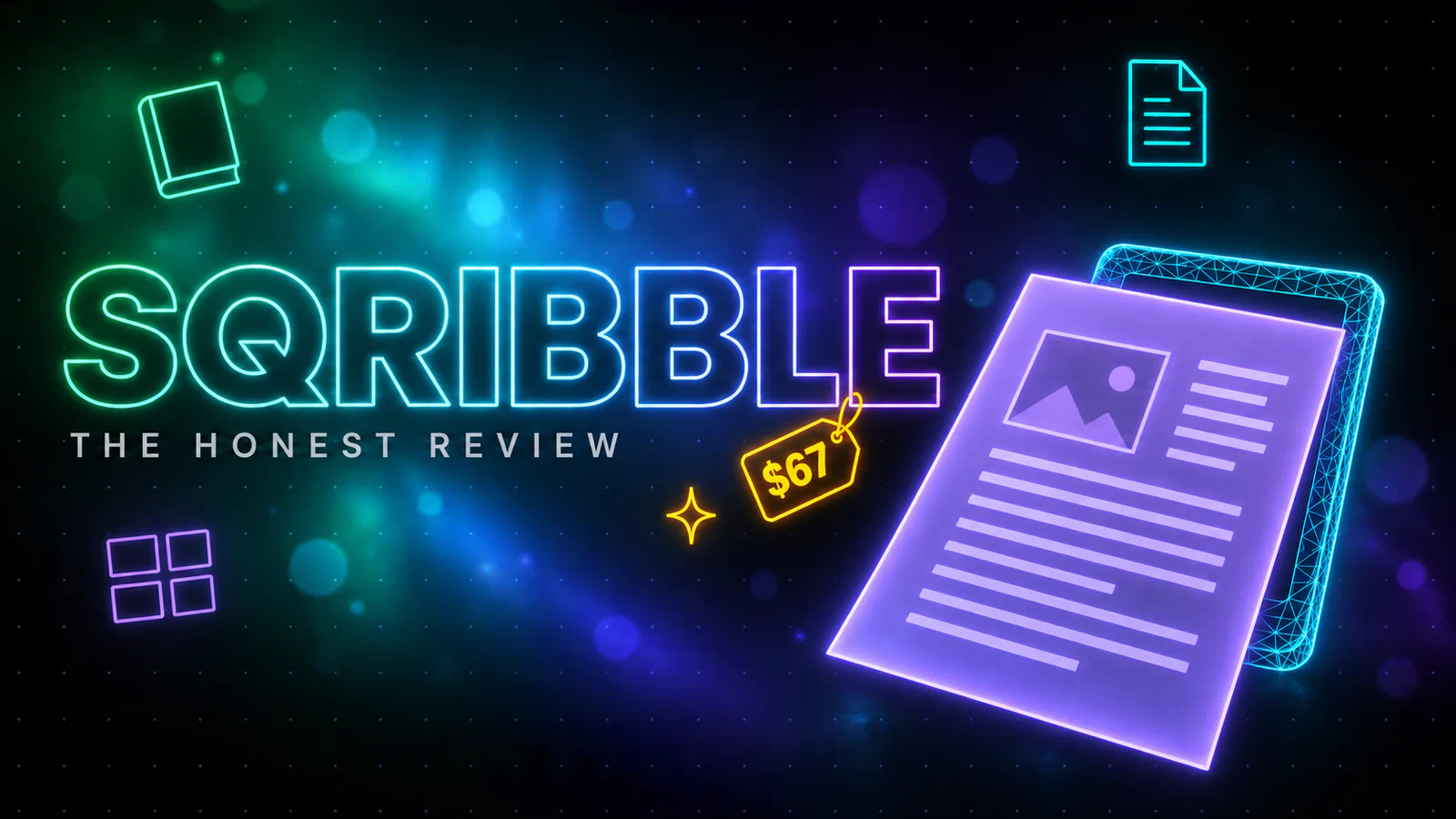 A glowing neon outline wordmark reading Sqribble with the label The Honest Review beneath it, an amber $67 price tag hanging from the type, and a cyan low poly wireframe e-reader in the lower right displaying a rigid document page that overflows past the edges of its screen.