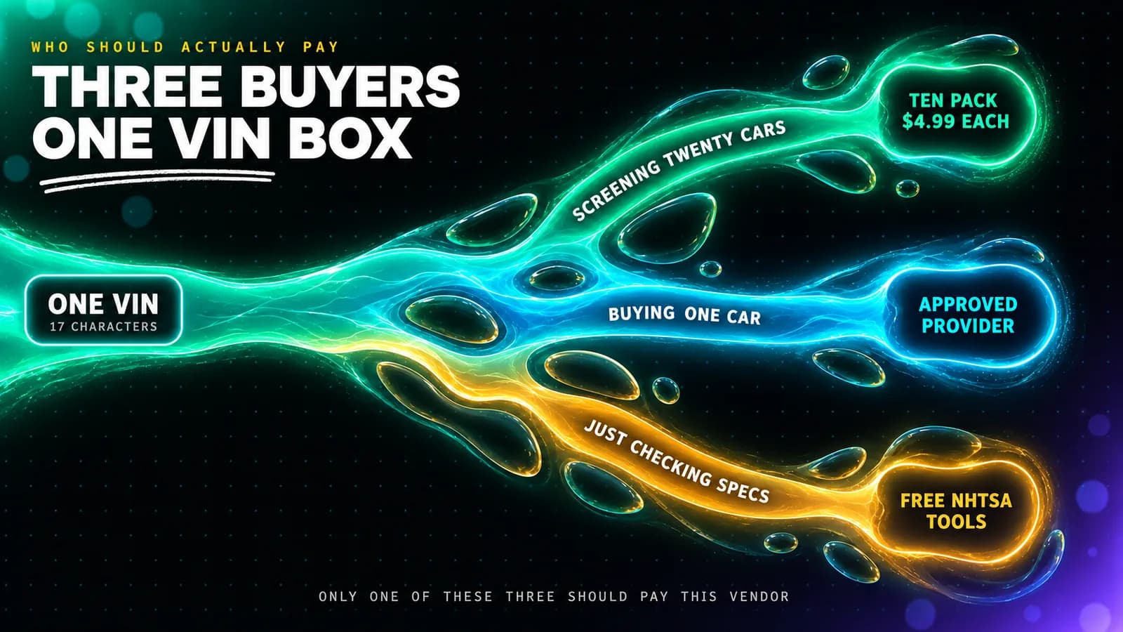 Who should and should not pay VinCheckUp, drawn as a glowing river delta seen from above on a dark background, one broad emerald channel splitting into three. The left branch is labelled SCREENING TWENTY CARS and ends in a small emerald harbour marked APPROVED TEN PACK 3.00 dollars EACH. The middle branch is labelled BUYING ONE CAR and ends in a cyan harbour marked APPROVED PROVIDER. The right branch is labelled JUST CHECKING SPECS and ends in an amber harbour marked FREE NHTSA TOOLS.