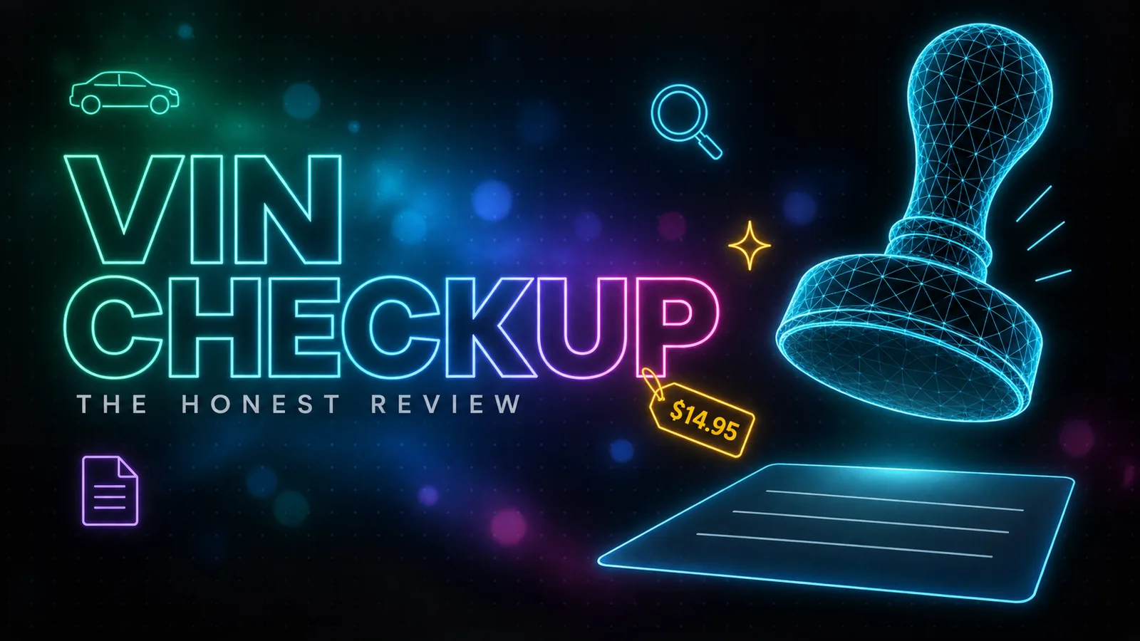 A hollow neon outline wordmark reading VINCHECKUP in an emerald to magenta gradient, with the label THE HONEST REVIEW in small grey capitals beneath it, a cyan low poly wireframe rubber stamp frozen in mid strike above a blank approval certificate it never reaches, and an amber neon price tag reading 14.95 dollars hanging from the type.
