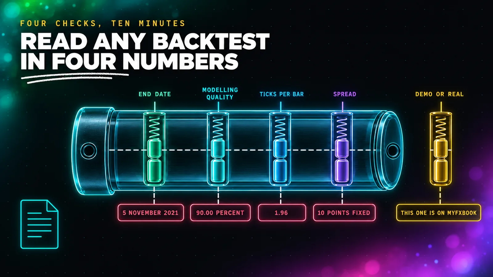 The four WallStreet Forex Robot backtest checks drawn as a neon lock cylinder cutaway with four pins that must align, each pin labelled END DATE, MODELLING QUALITY, TICKS PER BAR and SPREAD, with the corresponding readings 5 NOVEMBER 2021, 90.00 PERCENT, 1.96 and 10 POINTS FIXED shown in coral beside each pin, and a fifth pin outside the cylinder labelled DEMO OR REAL in amber.