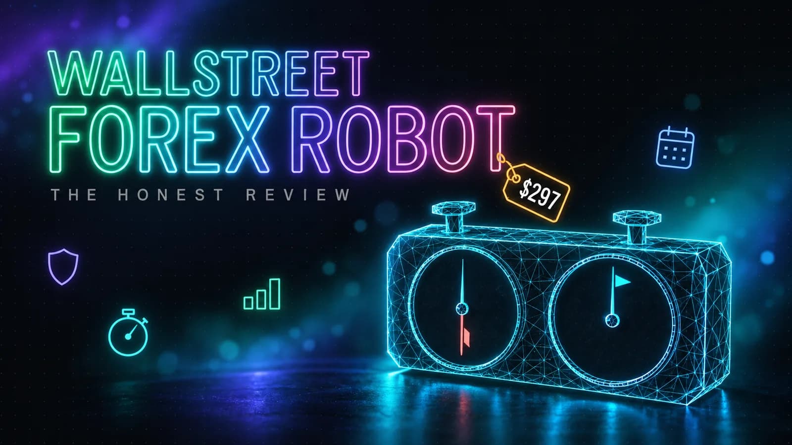 A hollow neon outline wordmark reading WALLSTREET FOREX ROBOT in an emerald to magenta gradient, with the label THE HONEST REVIEW in small grey capitals beneath it, a cyan low poly wireframe chess clock with one flag fallen sitting to the lower right, and an amber neon price tag reading 297 dollars hanging from the type.
